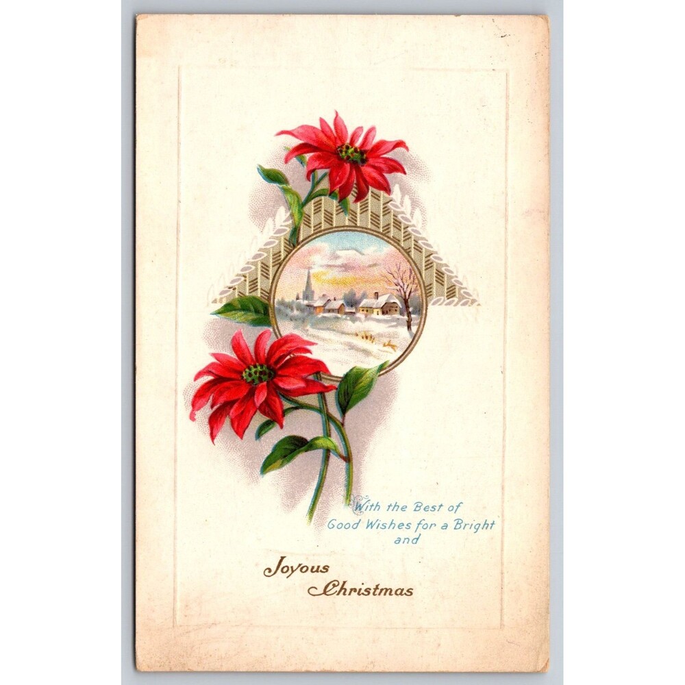 Vintage Postcard Joyous Christmas Poinsettias Winter Scene Posted Embossed PA